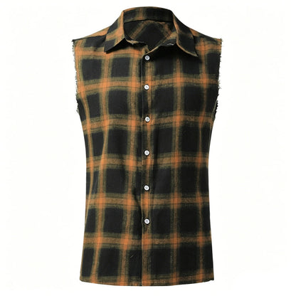 👔 LIMITED-TIME 50% OFF! ✨ Men's Plaid Sleeveless Shirt – Raw Edges, Button-Down, 7 Colors ☀️