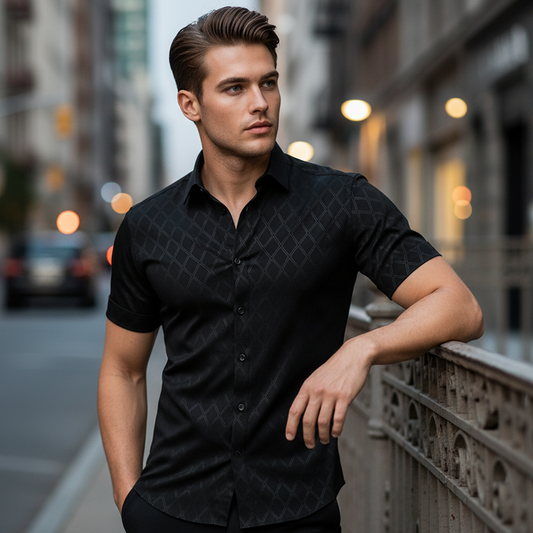 👔 LIMITED-TIME 50% OFF! ✨ Men's Textured Black Shirt – Diamond Pattern, Athletic Fit, 8 Sizes 🍁