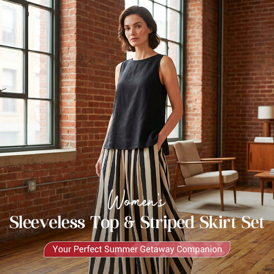 👕 LIMITED-TIME 50% OFF! ✨ Women's 2-Piece Set – Sleeveless Top, Striped Skirt, Chic 👒