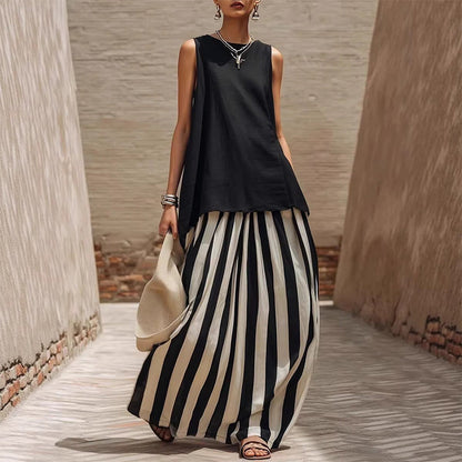 👕 LIMITED-TIME 50% OFF! ✨ Women's 2-Piece Set – Sleeveless Top, Striped Skirt, Chic 👒