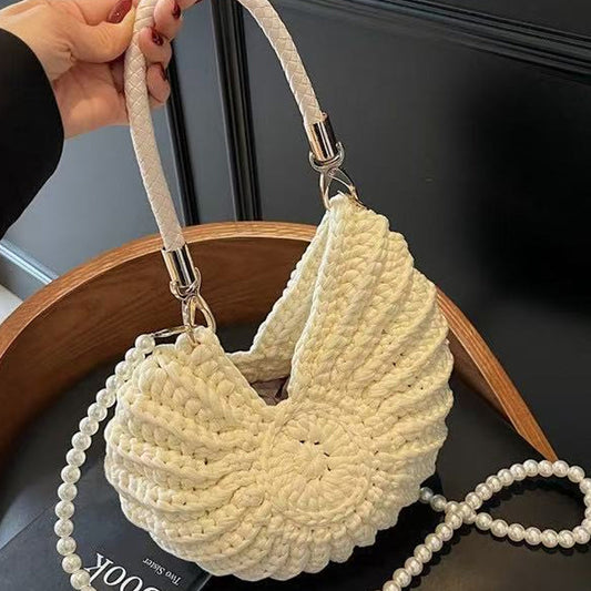 👜 LIMITED-TIME 50% OFF! ✨ Knitted Seashell Tote Bag – 2 Straps, Pearl Chain, 3 Colors 🌊
