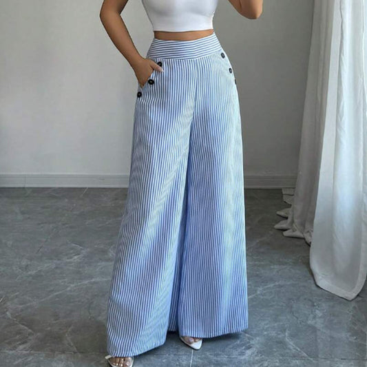 👖 LIMITED-TIME 50% OFF! ✨ High-Waist Wide-Leg Trousers – Striped, Decorative Buttons, S-XL 🍁