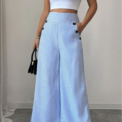 👖 LIMITED-TIME 50% OFF! ✨ High-Waist Wide-Leg Trousers – Striped, Decorative Buttons, S-XL 🍁