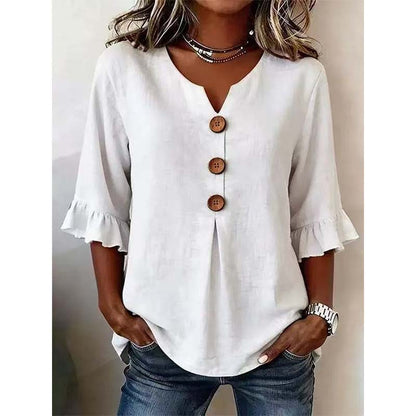 👚 LIMITED-TIME 50% OFF! ✨ Women's V-Neck Ruffle Sleeve Blouse with Wooden Buttons – Bohemian, Flowy, Romantic 🍃