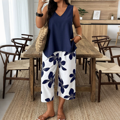🌸 LIMITED-TIME 50% OFF! ✨ Women's Asymmetrical Top & Floral Print Capri Pants Set – Versatile, Vibrant, Comfortable 🌺