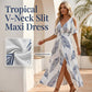 🌺 LIMITED-TIME 50% OFF! 🌊 Cold Shoulder Tropical Print V-Neck Split Maxi Dress – Smocked Waist, High Slit, Resort Elegance ✨
