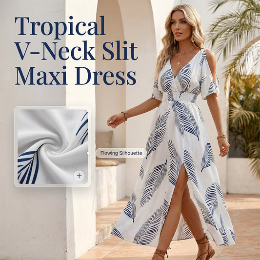 🌺 LIMITED-TIME 50% OFF! 🌊 Cold Shoulder Tropical Print V-Neck Split Maxi Dress – Smocked Waist, High Slit, Resort Elegance ✨