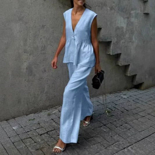 👚 LIMITED-TIME 50% OFF! 🌿 Solid Color V-Neck Sleeveless Top & Wide Leg Pants Two-Piece Set – Modern, Breezy, Versatile Outfit ✨