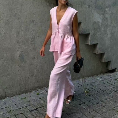 👚 LIMITED-TIME 50% OFF! 🌿 Solid Color V-Neck Sleeveless Top & Wide Leg Pants Two-Piece Set – Modern, Breezy, Versatile Outfit ✨