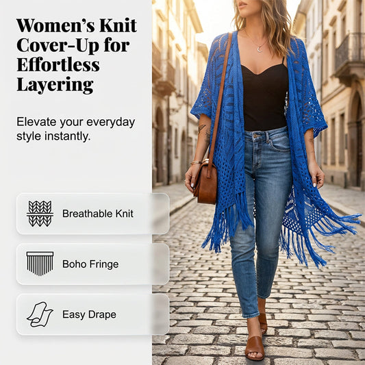 🧶 LIMITED-TIME 50% OFF! 🌴 Women's Open-Front Knit Cover-Up with Tassel Fringe – Bohemian, Lightweight, Versatile Drape ✨