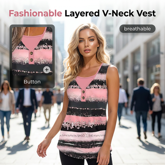 👕 LIMITED-TIME 50% OFF! ✨ Women's Striped Faux Two-Piece Tank Top – Layered V-Neck, Glitter Stripe, Soft & Chic 🌸