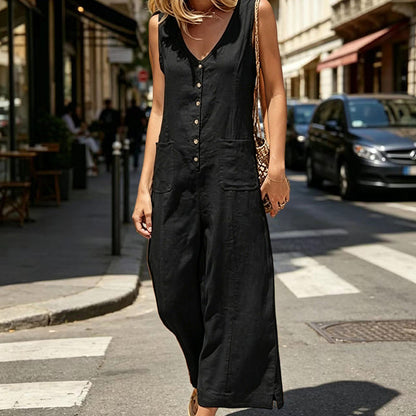 👗 LIMITED-TIME 50% OFF! ✨ Women's Sleeveless V-Neck Button-Front Jumpsuit – Wide Leg, Front Pockets, Breathable 🌿