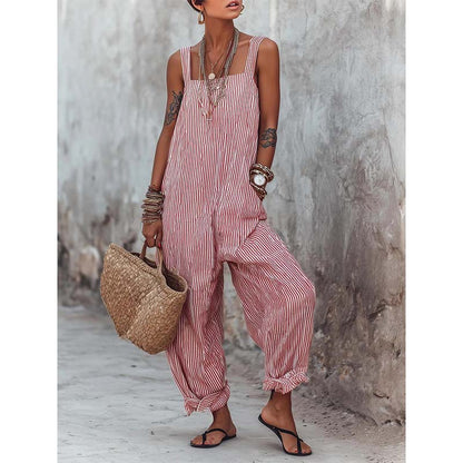 👒 LIMITED-TIME 50% OFF! ✨ Women's Striped Spaghetti Strap Jumpsuit – Relaxed, Breezy, Cotton 🌤️