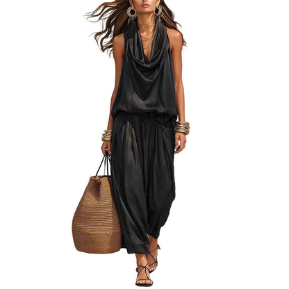 👗 LIMITED-TIME 50% OFF! ✨ Sleeveless Cowl Neck Jumpsuit – Halter, Wide-Leg, Elegant 🍷