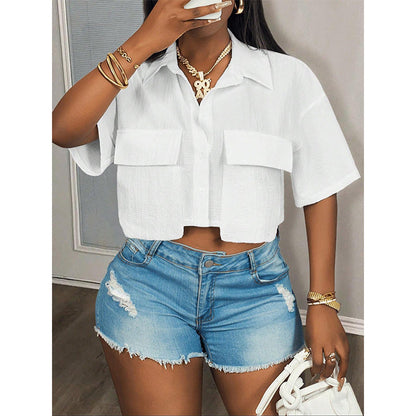 👕 LIMITED-TIME 50% OFF! ✨ Women's Cropped Shirt – Short Sleeve, Pocket, Versatile 🍂