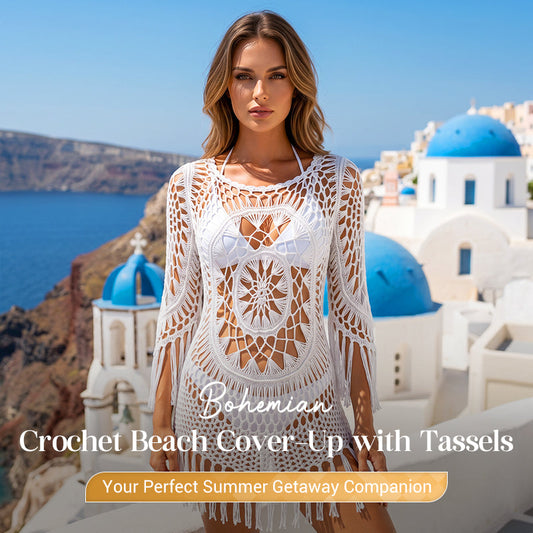 🧶 LIMITED-TIME 50% OFF! ✨ Crochet Beach Cover-Up – Bohemian, Tassels, Adjustable 🏖️