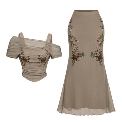 👗 LIMITED-TIME 50% OFF! ✨ Women's Off-Shoulder Top & Skirt Set – Embroidered, Fishtail, Elegant