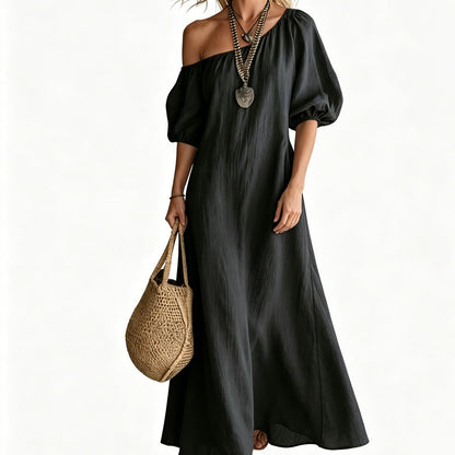 👗 LIMITED-TIME 50% OFF! ✨ Women's One-Shoulder Maxi Dress – Puff Sleeve, Flowy, Romantic 💃