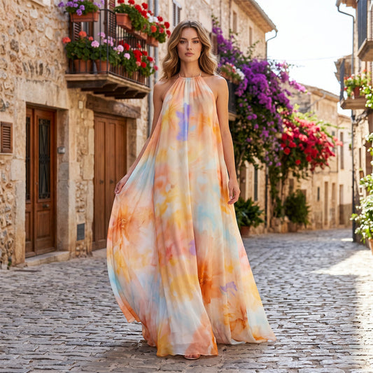 🎨 LIMITED-TIME 50% OFF! ✨ Watercolor Halter Maxi Dress – Backless, A-Line, Dreamy 🌟