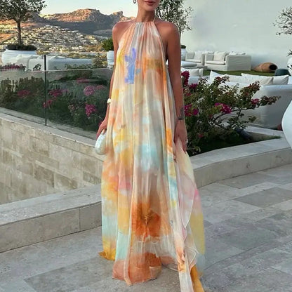 🎨 LIMITED-TIME 50% OFF! ✨ Watercolor Halter Maxi Dress – Backless, A-Line, Dreamy 🌟