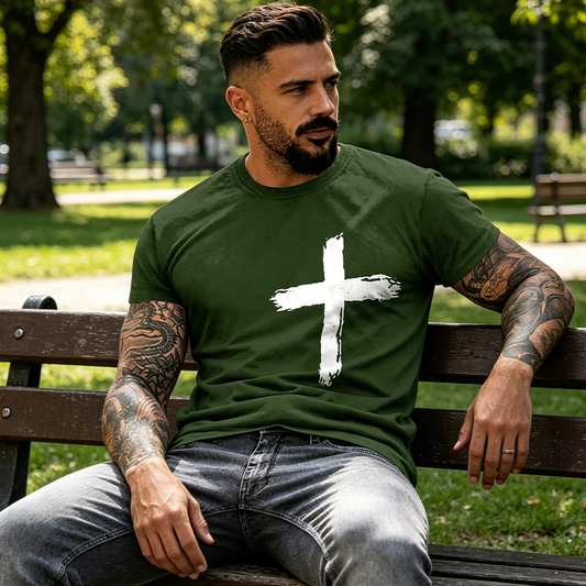 ✝️ LIMITED-TIME 50% OFF! ✨ Men's Faith Graphic Tee – Distressed Cross, Comfort Fit, Premium 🧡