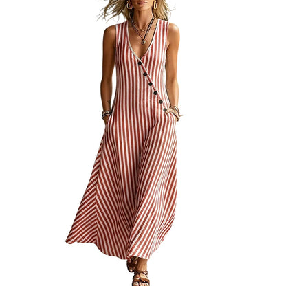 👗 LIMITED-TIME 50% OFF! ✨ Striped Sleeveless Maxi Dress – V-Neck, A-Line, Side Pockets 🌊