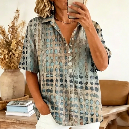 👕 LIMITED-TIME 50% OFF! ✨ Women's Collared Summer Blouse – Abstract Print, Loose Fit, Breezy 🍃