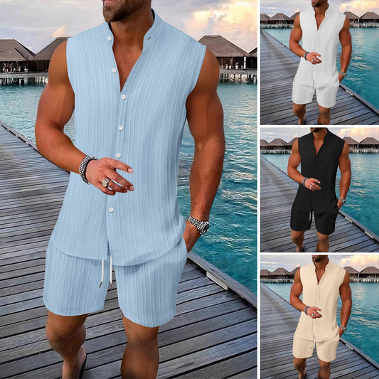 🩳 LIMITED-TIME 50% OFF! ✨ Men's 2-Piece Summer Set – Sleeveless Top, Drawstring Shorts, Striped 🍹