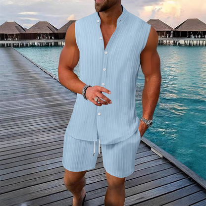 🩳 LIMITED-TIME 50% OFF! ✨ Men's 2-Piece Summer Set – Sleeveless Top, Drawstring Shorts, Striped 🍹