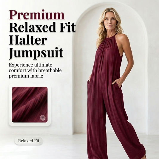 👗 LIMITED-TIME 50% OFF! 💥 Women's Halter Neck Wide-Leg Jumpsuit – Sleeveless, Draped Silhouette, Side Pockets ✨