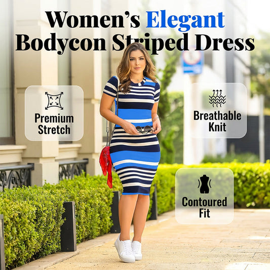 👗 LIMITED-TIME 50% OFF! ✨ Bodycon Striped Dress – Seamless Fit, Rounded Neck, Premium Fabric 🌊