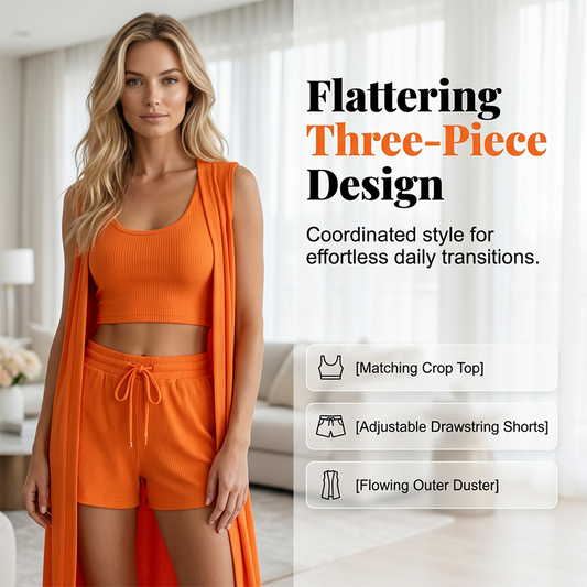 👕 LIMITED-TIME 50% OFF! ✨ Casual Lounge 3-Piece Set – Ribbed, Cardigan, Crop Top, Shorts 🍁