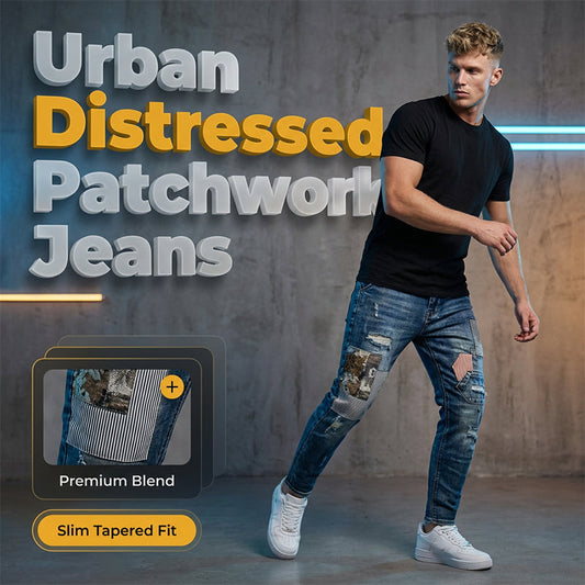 👖 LIMITED-TIME 50% OFF! ✨ Men's Patchwork Distressed Jeans – Tapered Fit, Premium Denim, Edgy 🌟