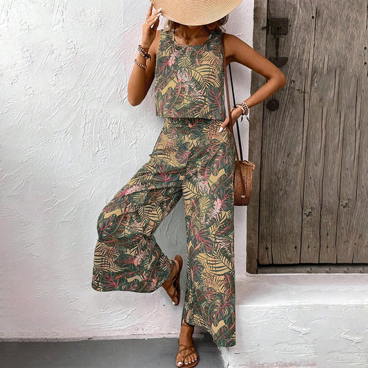 👗 LIMITED-TIME 50% OFF! ✨ Printed Two-Piece Set – Sleeveless Top, Wide-Leg Pants, Resort Style 🌴