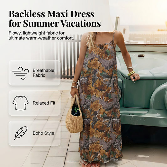👗 LIMITED-TIME 50% OFF! ✨ Elegant Backless Maxi Dress – Vintage Botanical Print, Breezy Fabric, Relaxed Fit 🌿