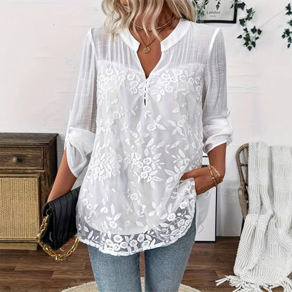 👚 LIMITED-TIME 50% OFF! ✨ Lace Panel V-Neck Blouse – Embroidered, Roll-Up Sleeves, Effortless Chic 🌸