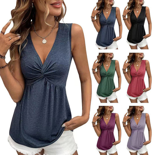 👚 LIMITED-TIME 50% OFF! ✨ Elegant Slimming V-Neck Tank Top – Twist Knot, Breathable, Wrinkle Resistant 🌴