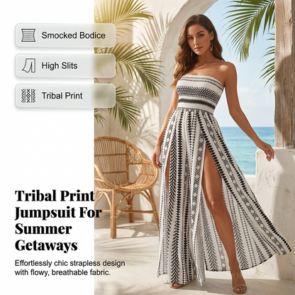 👗 LIMITED-TIME 50% OFF! 💥 Bohemian Strapless High Split Wide Leg Jumpsuit – Smocked Bodice, Side Slits, Geometric Print ✨