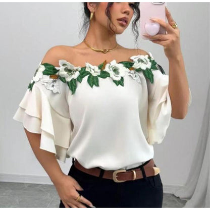 👚 LIMITED-TIME 50% OFF! ✨ Women’s Floral Ruffle Sleeve Top – Off-the-Shoulder, Embroidered, Romantic 🌸