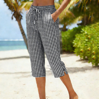 👖 LIMITED-TIME 50% OFF! ✨ Gingham Capri Pants – Drawstring Waist, Cotton-Linen, Breathable 🌿