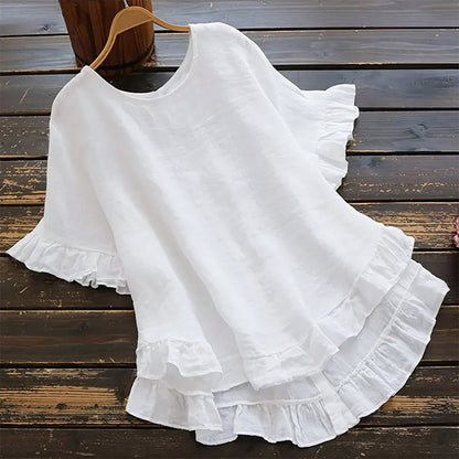 👚 LIMITED-TIME 50% OFF! ✨ Women's Ruffle Blouse – Round Neck, Cotton Linen, Loose Fit 🌸