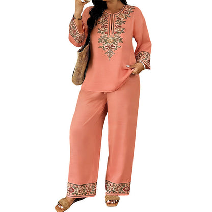 👗 LIMITED-TIME 50% OFF! 💥 Women's Long Sleeve Blouse & Wide-Leg Pants Set – Floral Embroidery, Split Neckline, Relaxed Fit ✨