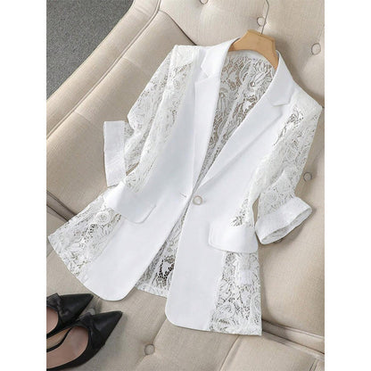 🤵‍♀️ LIMITED-TIME 50% OFF! ✨ White Lace Blazer – Slim Fit, 3/4 Sleeve, Elegant Transition 👑