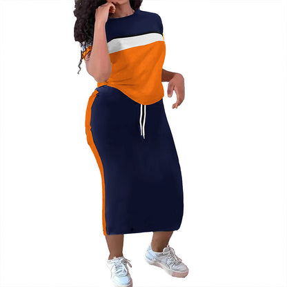 👗 LIMITED-TIME 50% OFF! ✨ Color Block T-Shirt & Long Skirt Set – Trendy, Comfy, 2-Piece 🌈