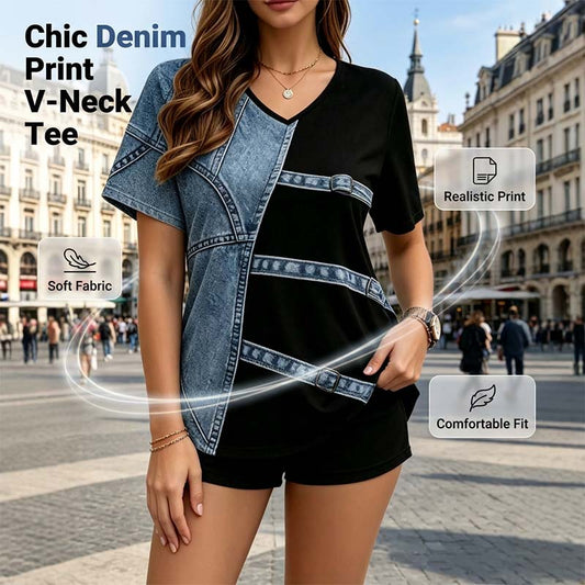 👕 LIMITED-TIME 50% OFF! ✨ Denim Print V-Neck Tee – Soft, Chic, Effortless Style 🌀