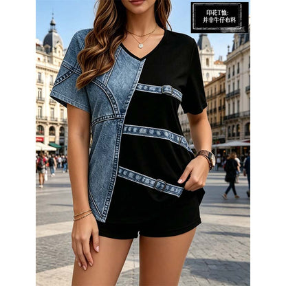 👕 LIMITED-TIME 50% OFF! ✨ Denim Print V-Neck Tee – Soft, Chic, Effortless Style 🌀