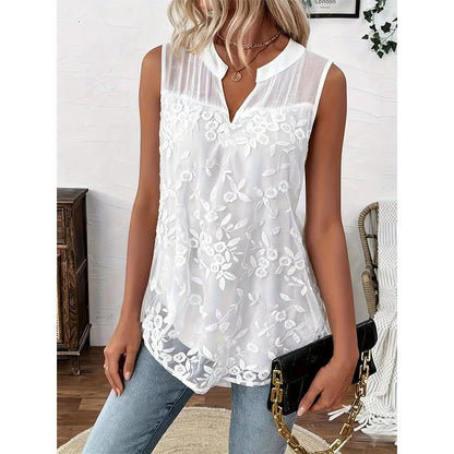 👚 LIMITED-TIME 50% OFF! ✨ Floral Lace Sleeveless Shirt – V-Neck, Sheer Overlay, Lightweight 🌸