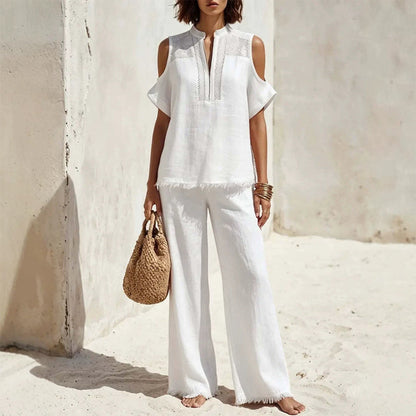 👗 LIMITED-TIME 50% OFF! ✨ Linen Cold Shoulder Set – Zip V-Neck, Wide Leg, Frayed Hem ☀️