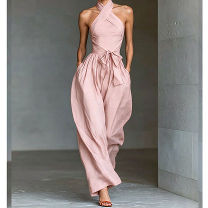 👗 LIMITED-TIME 50% OFF! ✨ Halter Sleeveless Jumpsuit – Crisscross Neck, Waist Tie, Wide Leg 🌟