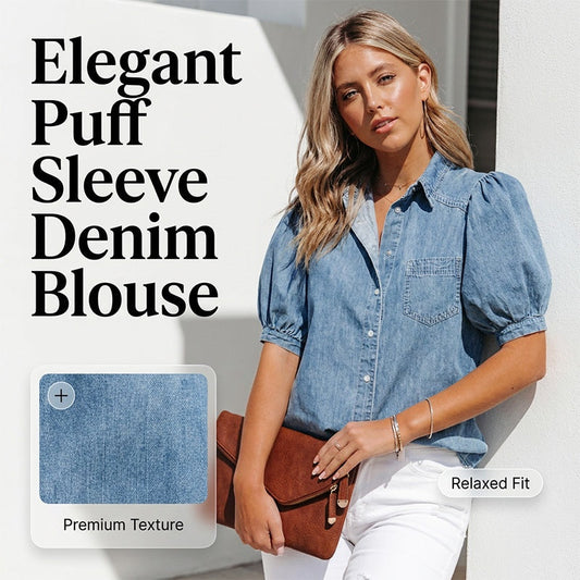 👚 LIMITED-TIME 50% OFF! ✨ Women's Puff Sleeve Denim Blouse – Button-Down, Lapel Collar, Lightweight 🌟